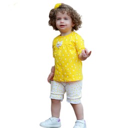 لباس نوزادی دخترانه سیسمونی نوزاد تیشرت و شلوارک دخترانه رنگ زرد سایز 35 40 نه ماهگی تا دو سال 