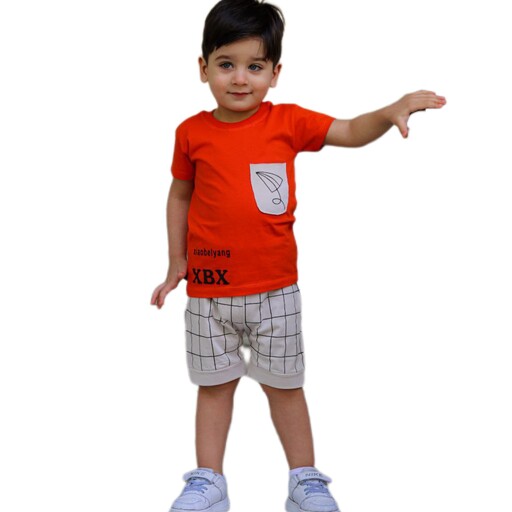 لباس نوزادی پسرانه تیشرت و شلوارک پسرانه سایز یک دو سه چهار  شش ماهگی تا سه سال رنگ نارنجی