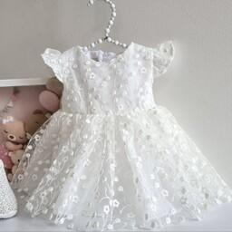 سیسمونی و لباس نوزاد و کودک پیراهن مجلسی سفید دخترانه مناسب مراسم دندونی تولد آتلیه با دو لایه آستر از 6 ماه تا 4 سال