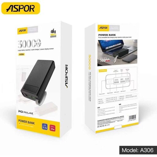 پاوربانک 30000MAH برند ASPOR مدل  Fast Charging  A306