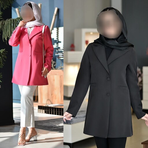 کت بلند زنانه مجلسی دکمه دار رسمی کرپ مازراتی سرخابی مشکی بنفش سایزبزرگ 38 تا 48 پوپک