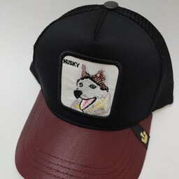 کلاه نقابدار کپ گورین مدل پشت توری طرح سگ هاسکی husky پارچه کتان گلدوزی شده با بست کمربندی برای تعیین سایز