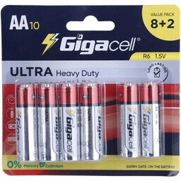 باتری قلمی بسته 10 تایی گیگاسل مدلGigacell Ultra Heavy Duty R6  ، باتری AA یک و نیم ولتی