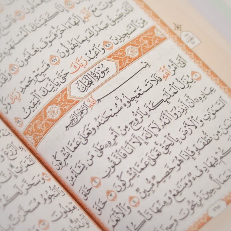 قرآن  رقعی جلد سلفون (طرح جلاله) صفحات داخل رنگی - بدون ترجمه - خط درشت و خوانا - زیبا  ) - باکیفیت