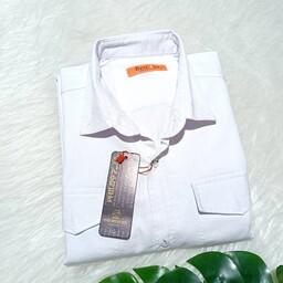 پیراهن کتان مردانه سفید آستین بلند دو جیب ارسال رایگان