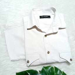 پیراهن کتان مردانه رنگ شیری آستین کوتاه دو جیب  ارسال رایگان 