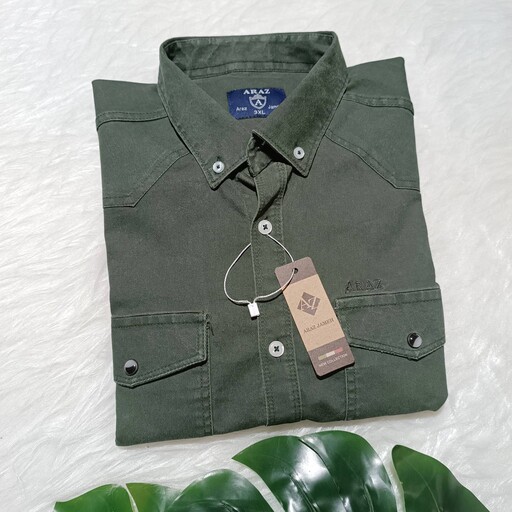 پیراهن کتان مردانه سبز آستین بلند سایز 3XL دو جیب ARAZ  ارسال رایگان