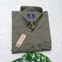 پیراهن کتان مردانه سبز سایز بزرگ دو جیب آستین بلند ARAZ  ارسال رایگان 