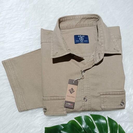 پیراهن کتان مردانه رنگ خاکی سایز بزرگ آستین کوتاه دو جیب ARAZ ارسال رایگان 