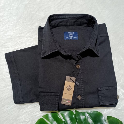 پیراهن کتان مردانه زغالی سایز بزرگ آستین کوتاه دو جیب ARAZ ارسال رایگان