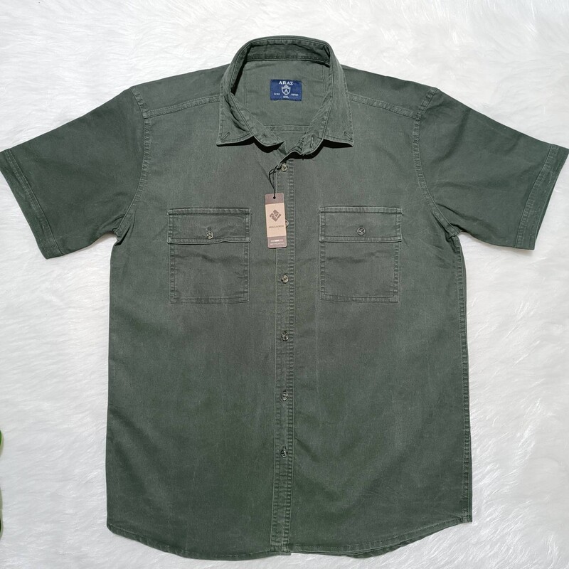 پیراهن کتان مردانه رنگ سبز سایز بزرگ آستین کوتاه دو جیب ARAZ ارسال رایگان 