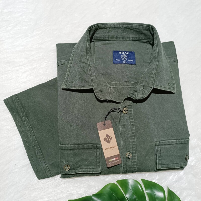پیراهن کتان مردانه رنگ سبز سایز بزرگ آستین کوتاه دو جیب ARAZ ارسال رایگان 