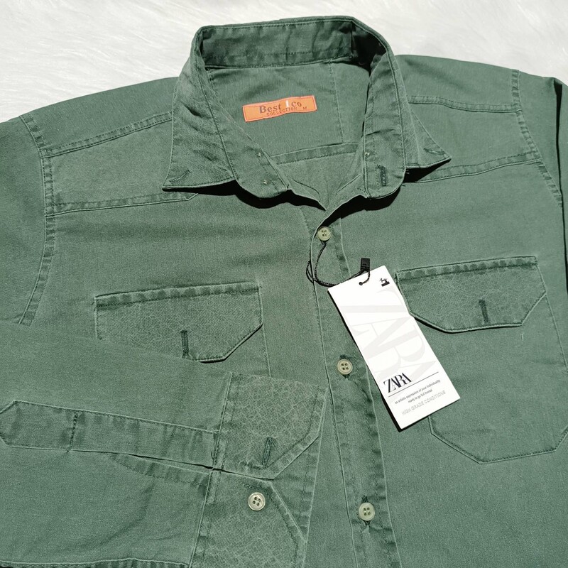 پیراهن کتان مردانه سنگشور سبز آستین بلند دو جیب ارسال رایگان 