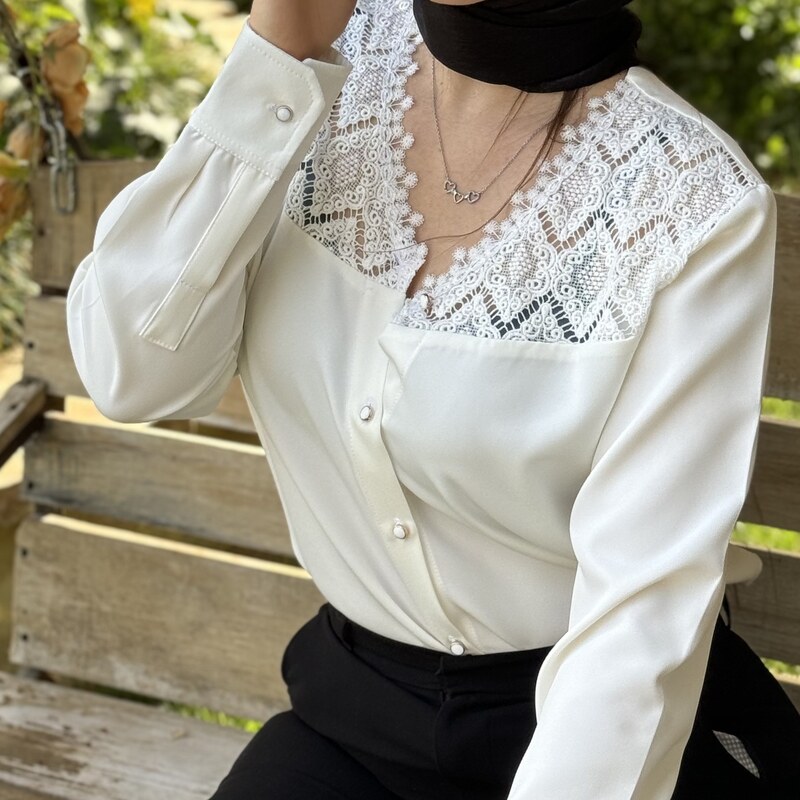شومیز و پیراهن زنانه دارای پارچه گیپور برند فارل رنگ سفید