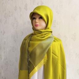 روسری بامبو  رنگ زرد فسفری و سبز زیتونی قواره 140 دور ریش