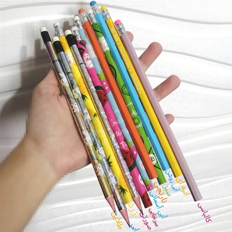 مداد مشکی HB رنگبندی و طرح متفاوت ته مداد پاککن دار میوه ای و ساده و تکشاخ