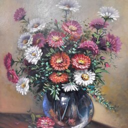 تابلو نقاشی رنگ روغن دسته گل در گلدان شیشه ای