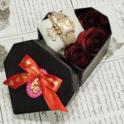 باکس هدیه زنانه و دخترانه  ساعت و دستبند  بهمراه باکس و گل مصنوعی و پوشال و بالشتک 