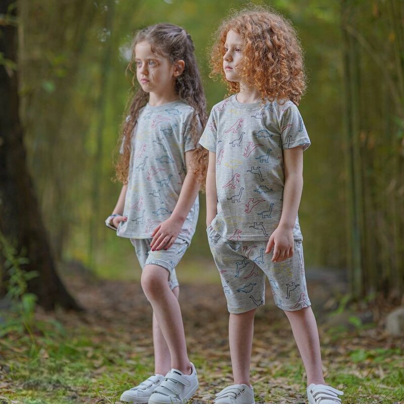 تیشرت شلوارک دایناسور طرح چاپی لباس خانگی پسرانه دخترانه 1 تا 9 سال رنگ طوسی