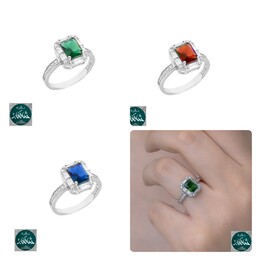 انگشتر نقره زنانه شاهکار جواهر نگین رنگی(آبی.سبز و قرمز) عیار 925 با آبکاری طلاسفید