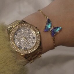 دستبند  پروانه کریستال در رنگهای متنوع، زنجیر استیل و رنگ ثابت  