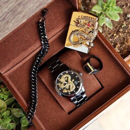ست مردانه ساعت همراه فندک انگشتر و دستبند با جعبه