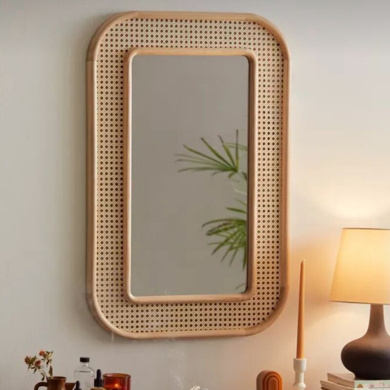 آینه دیواری چوبی و حصیری همراه با آینه 