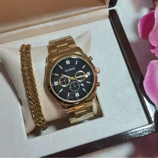 ساعت مچی مردانه کاسیو Casio طرح سه موتور طلایی همراه دستبند کارتیر