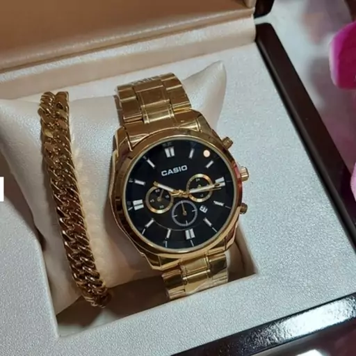 ساعت مچی مردانه کاسیو Casio طرح سه موتور طلایی همراه دستبند کارتیر