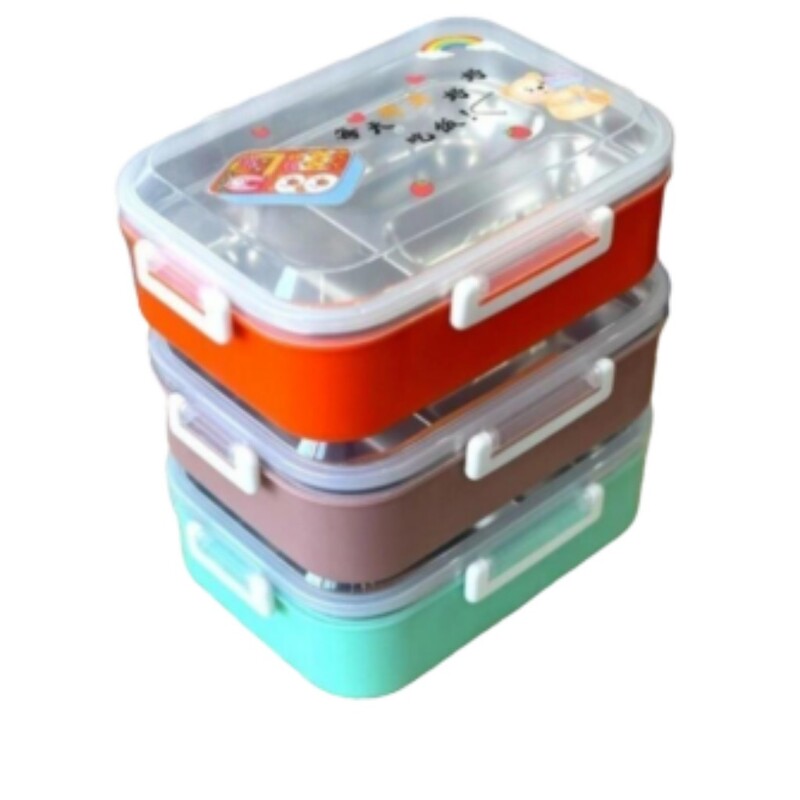 ظرف غذا کودک و بزرگسال داخل محفظه استیل (لانچ باکس ) 2 بخشی بدون نشتی دارای قفل چهارطرفه 