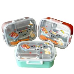 ظرف غذا کودک و بزرگسال داخل محفظه استیل (لانچ باکس ) 3 بخشی بدون نشتی دارای قفل چهارطرفه 
