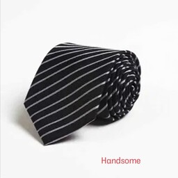 ست کراوات  مشکی راه راه نقره ای  و دستمال جیبی 
