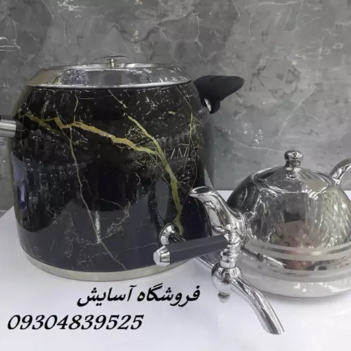 کتری قوری نزاز طرح سنگ گرانیت مشکی، 5لیتر ، استیل ضخیم، قوری چینی کروم