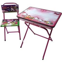 میز و صندلی تحریر باکسدار با طرح کیتی  با چاپ uv اکلیلی برجسته (مدل پایه رنگی)  ( کارتون شکیل مخصوص میز و صندلی )