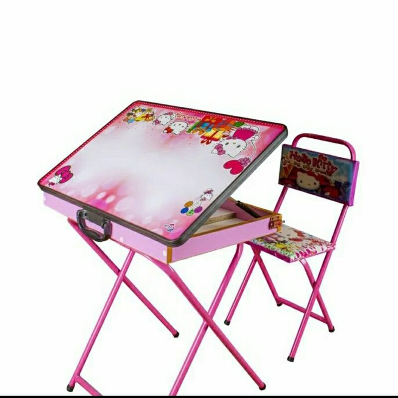 میز و صندلی تحریر  بدون باکس  طرح کیتی با چاپ یووی اکلیلی  برجسته    و  (کارتون شکیل مخصوص میز و صندلی )