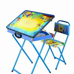 میز تحریر باکسدار  با صندلی طرح باب اسفنجی با چاپ uv اکلیلی برجسته (مدل پایه رنگی)   (با کارتون شکیل مخصوص میز و صندلی) 