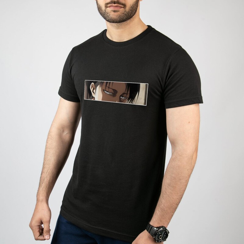 تی شرت آستین کوتاه مردانه مدل انیمه اتک آن تایتان طرح لیوای کدA012