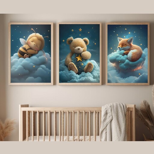 تابلو اتاق کودک مدل روباه و خرس و زنبور خواب روی ابرها مجموعه 3 عددی سایز عکس 10x15