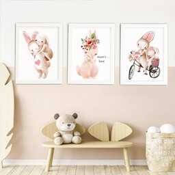 تابلو اتاق کودک مدل خرگوش مادر و کودک moms love مجموعه 3 عددی سایز 13x18 