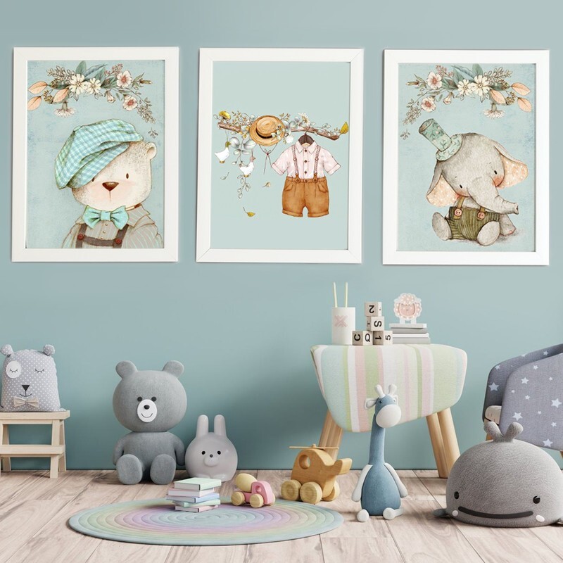 تابلو اتاق کودک مدل خرس و فیل و لباس پسرانه در جنگل پاستیلی مجموعه 3 عددی سایز18x13
