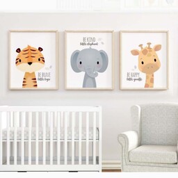 تابلو اتاق کودک مدل حیوانات فیل و زرافه و ببر  مجموعه 3 عددی سایز عکس 13x18 
