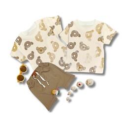 ست پسرانه تیشرت شلوارک تمام پنبه طرح  تمام چاپ تدی  مناسب بدو تولد تا 18 ماه بدو تولد تا 3 ماه