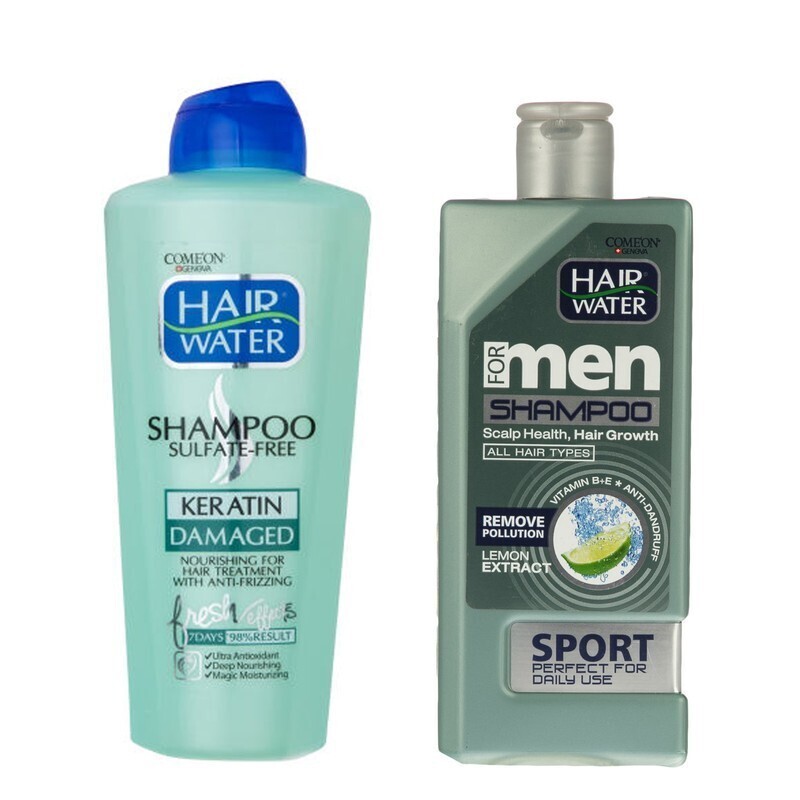 شامپو مردانه ضد شوره و حجم دهنده مو کامان به همراه شامپو بدون سولفات هیر واتر مخصوص موهای آسیب دیده کامان