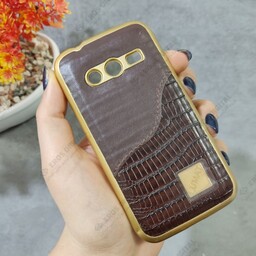 گارد گوشی Samsung Galaxy Ace 4 دور طلایی پشت چرم طرح دار - قهوه-ای