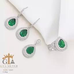 نیم ست نقره زنانه با سنگ سبز اشکی جواهری کد16541