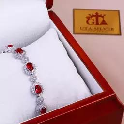 دستبند نقره زنانه با سنگ یاقوت قرمز دانه اناری بیضی کد 220141