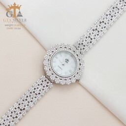 ساعت نقره زنانه اصل طرح طلا سفید مدل فلاور پهن کد 19154