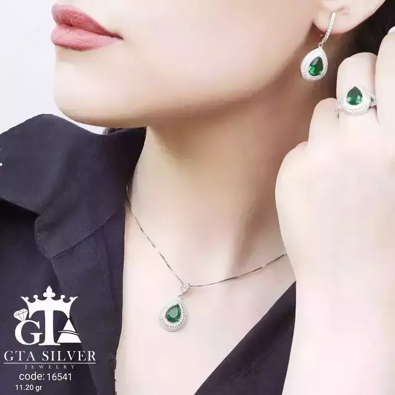 نیم ست نقره زنانه با سنگ سبز اشکی جواهری کد16541