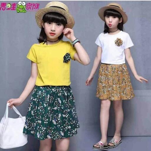 ست تیشرت و دامن بچگانه دخترانه ، موجود در رنگ طلایی،مناسب کودکان سنین 5 تا 8 سال ، کیفیت عاااالی