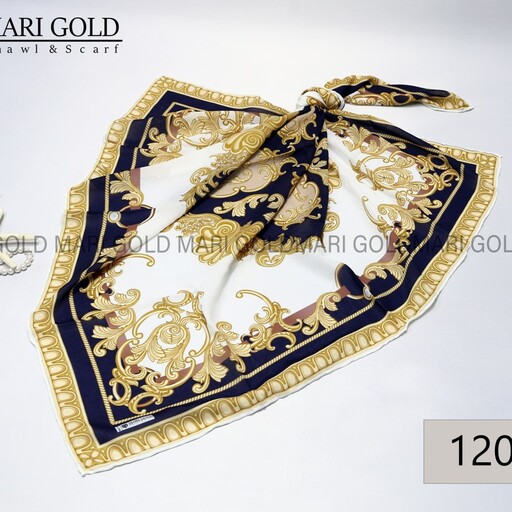 روسری کرپ سورمه ای سفید حاشیه طلایی طرح زیبا درجه یک قواره 120  ارسال رایگان برند ماری گلد 